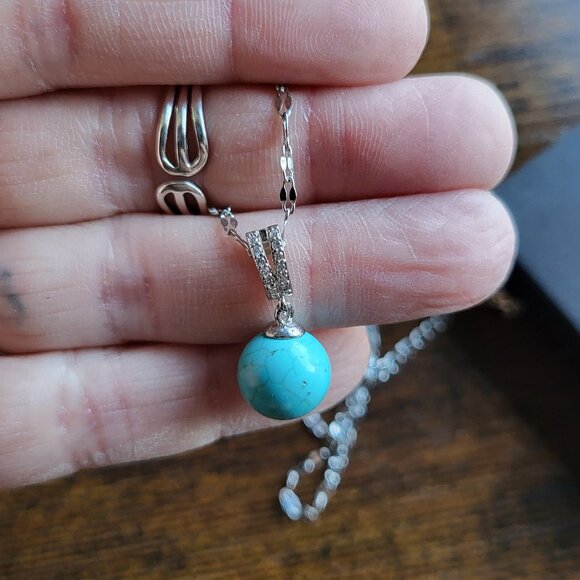 NWT GENUINE TURQUOISE 925 STERLING SILVER NECKLACE WITH CUBIC ZIRCONIA - Picture 5 of 6